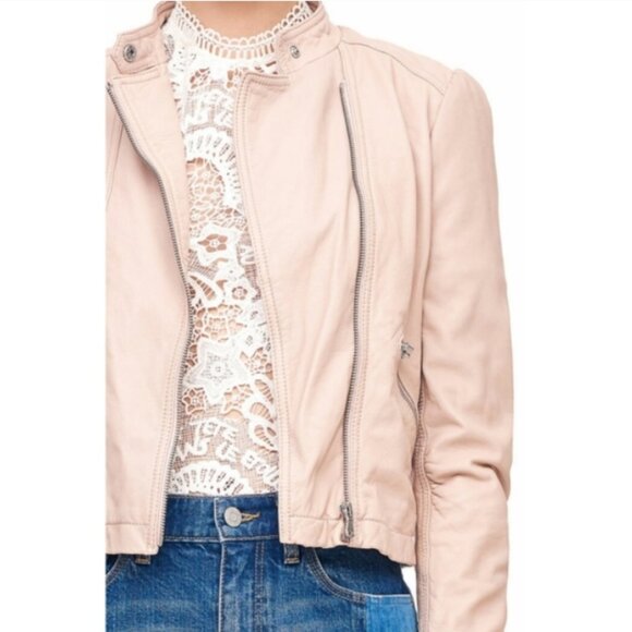Rebecca Taylor lamb leather cropped moto jacket in nude pink - Picture 2 of 8